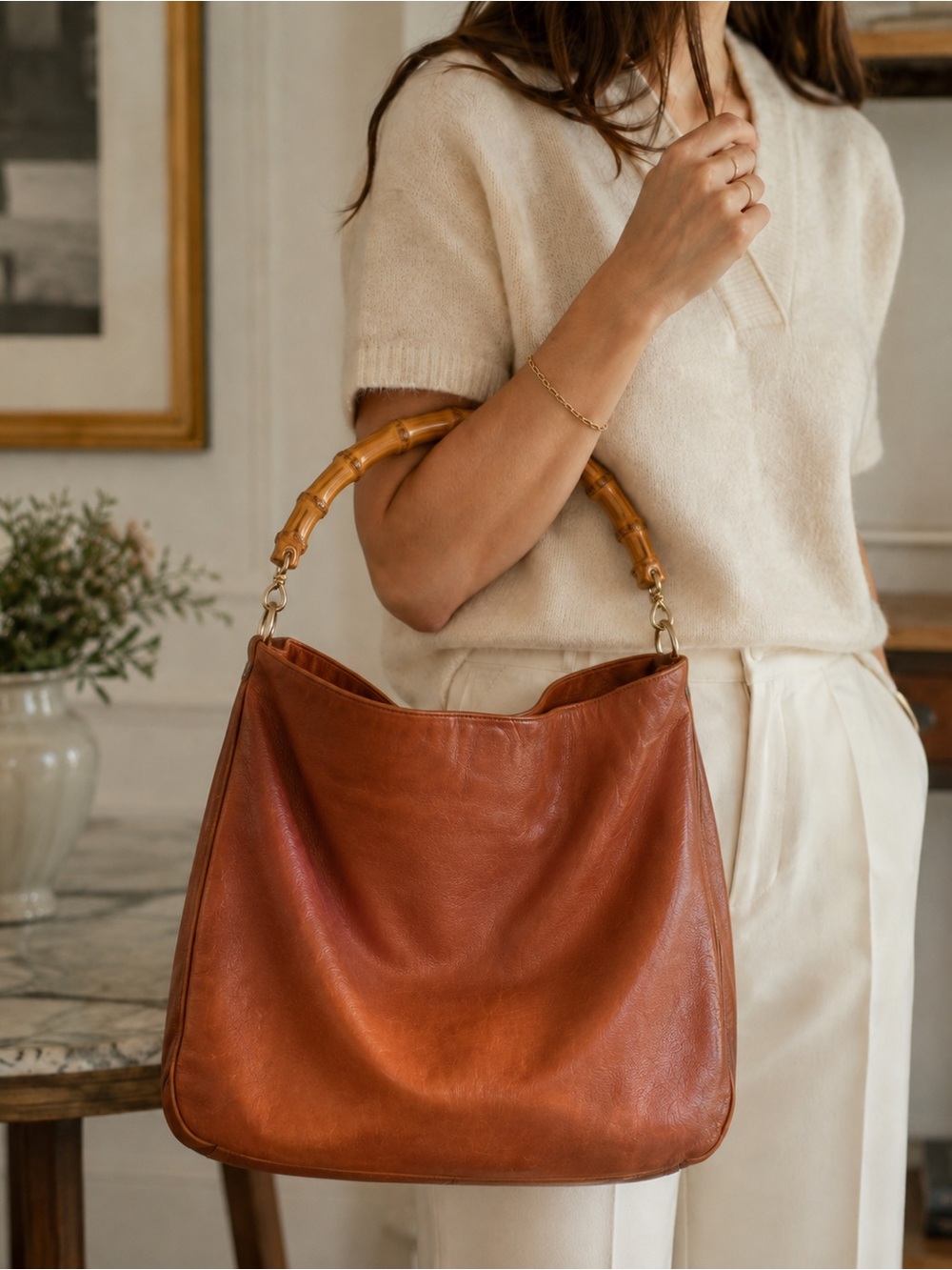 Vintage Gucci Bamboo Leather Shoulder Bag Brown Cognac Hobo Tote